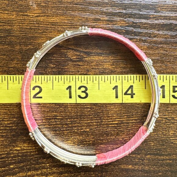 Silver Tone Scroll Design Bangle Bracelet Pink Cord Wrap Size 7.5" Fit - Picture 9 of 9